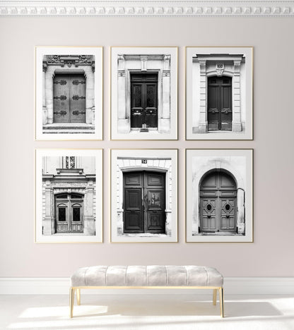 Set of Six Black and White Paris Door Prints - Departures Print Shop