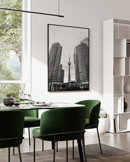 Black and white photo of Toronto CN Tower and skyline, minimalist city wall art