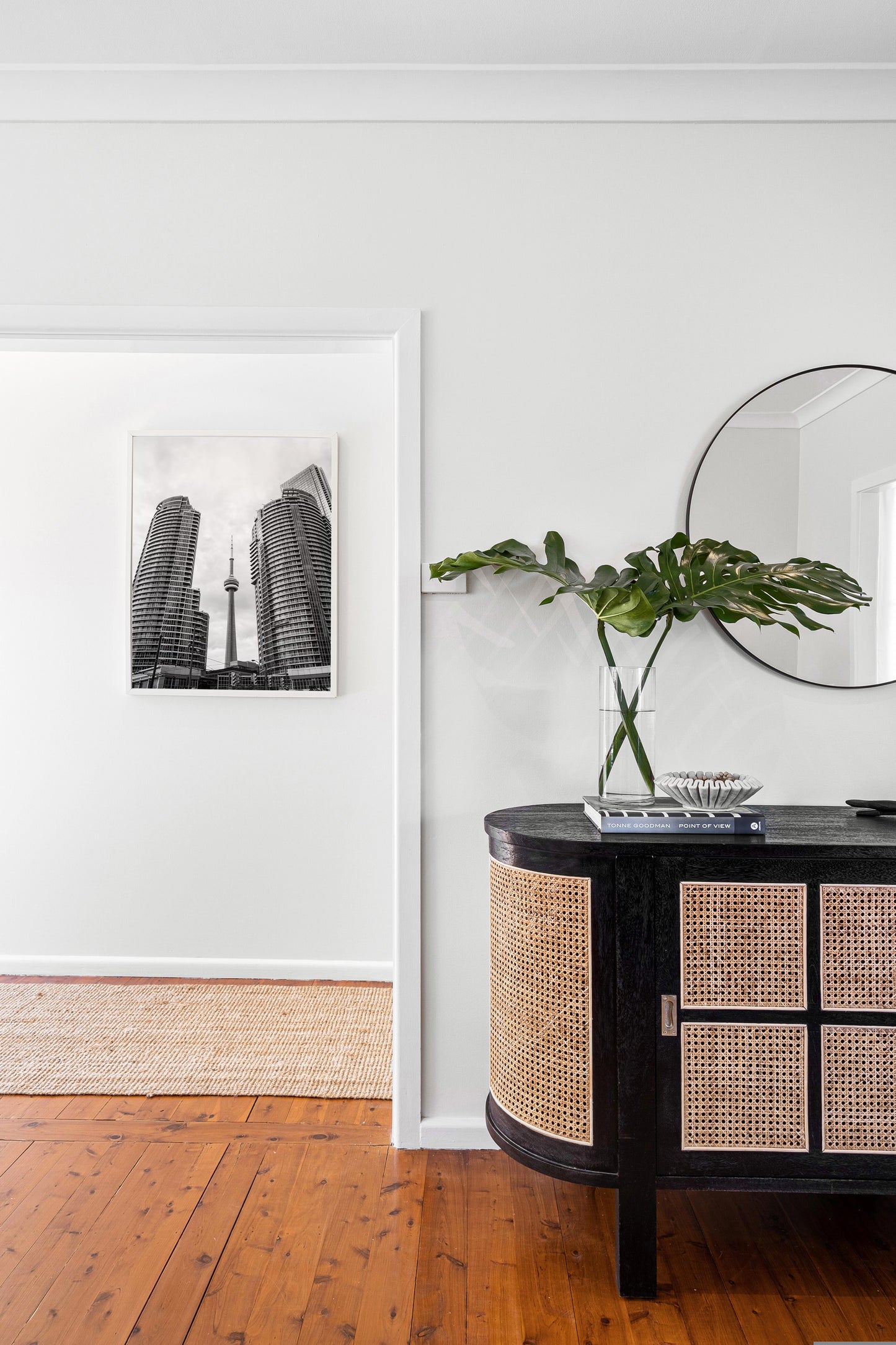 Black and white photo of Toronto CN Tower and skyline, minimalist city wall art