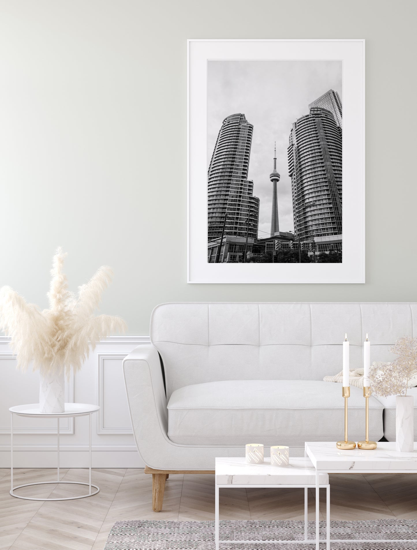 Black and white photo of Toronto CN Tower and skyline, minimalist city wall art