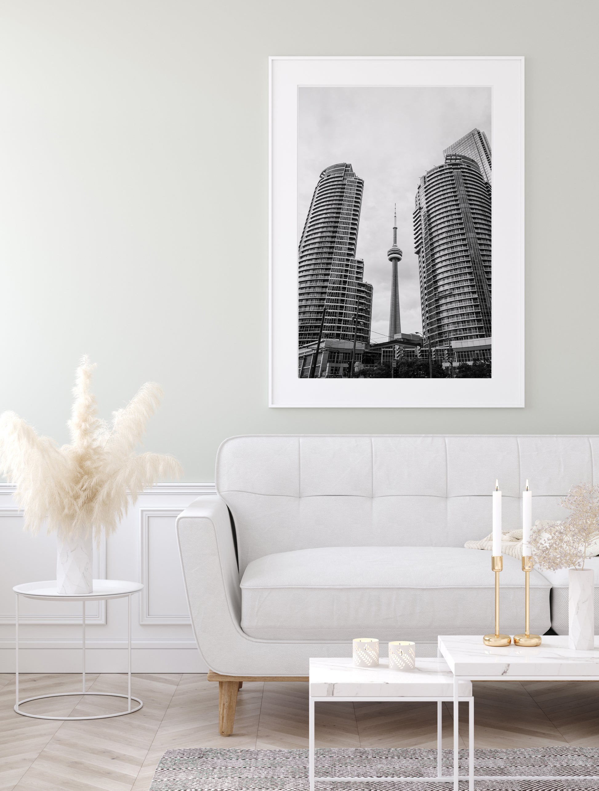 Black and white photo of Toronto CN Tower and skyline, minimalist city wall art