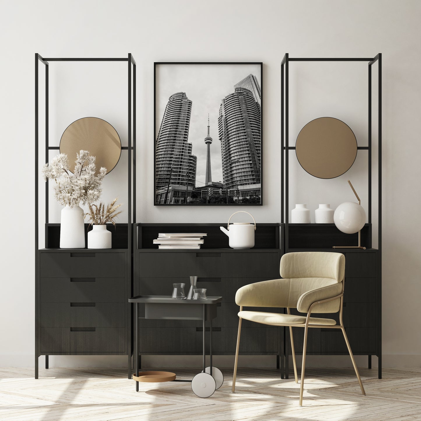 Black and white photo of Toronto CN Tower and skyline, minimalist city wall art