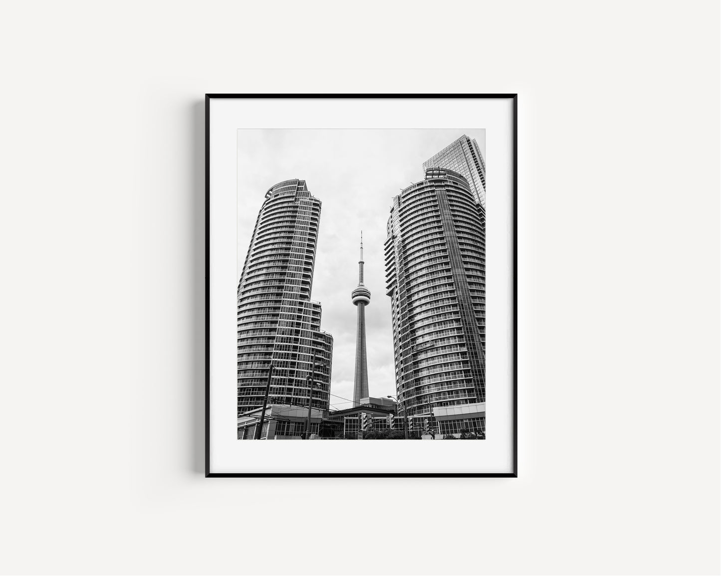 Black and white photo of Toronto CN Tower and skyline, minimalist city wall art