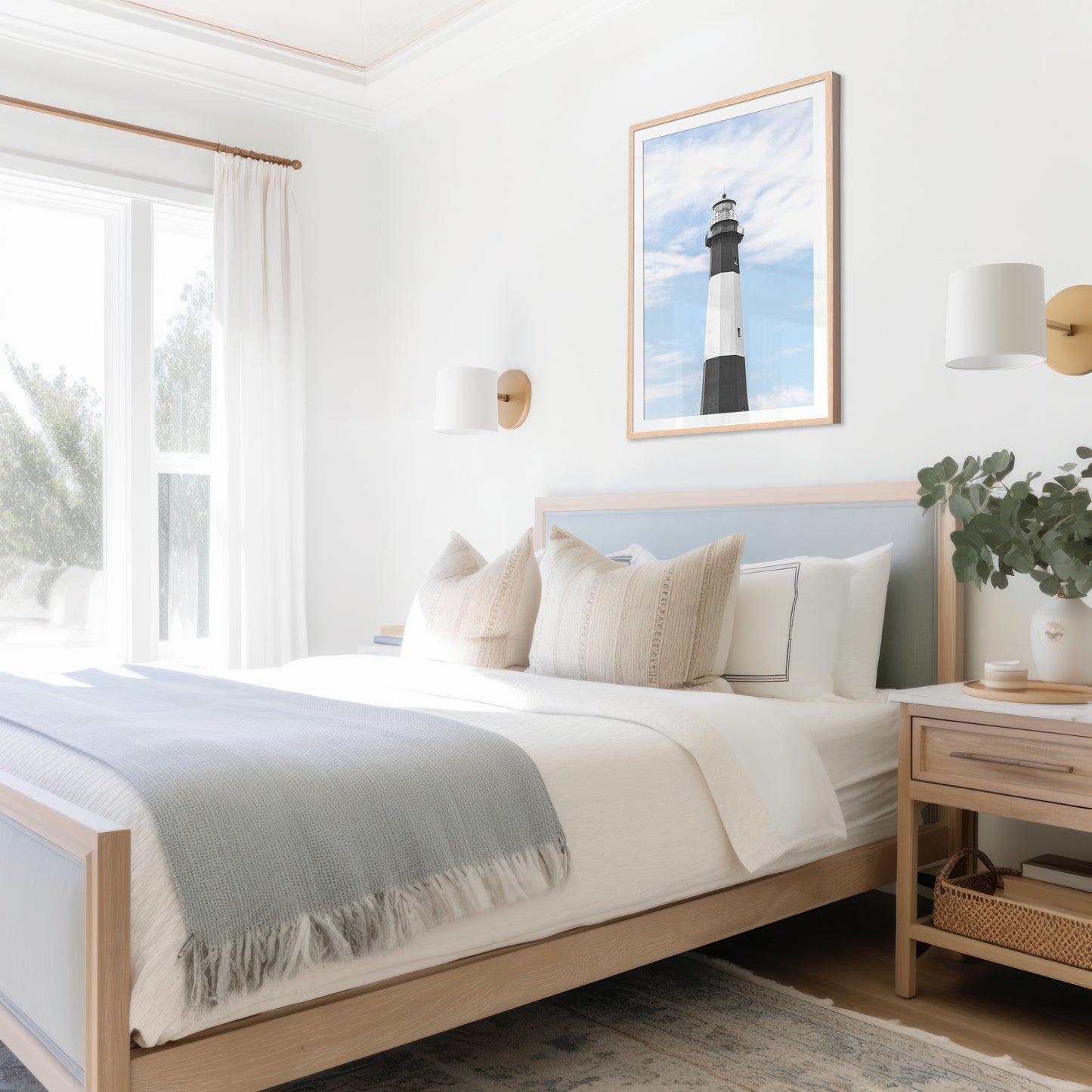 Fine art photograph of Tybee Island Lighthouse near Savannah, Georgia black and white striped tower against a soft blue sky, shot from below looking up