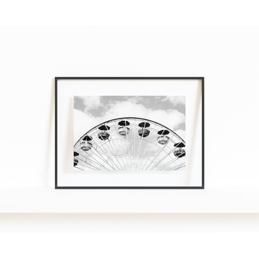 Black and white print of the Santa Monica Pier Ferris Wheel