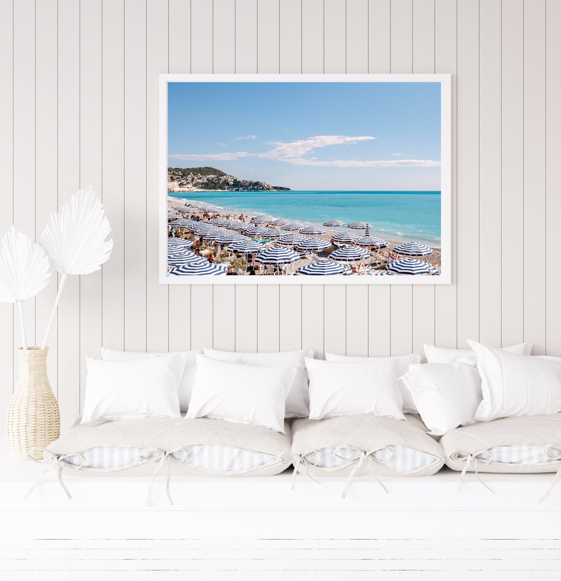 Blue and White Striped Beach Umbrellas | French Riviera Print - Departures Print Shop